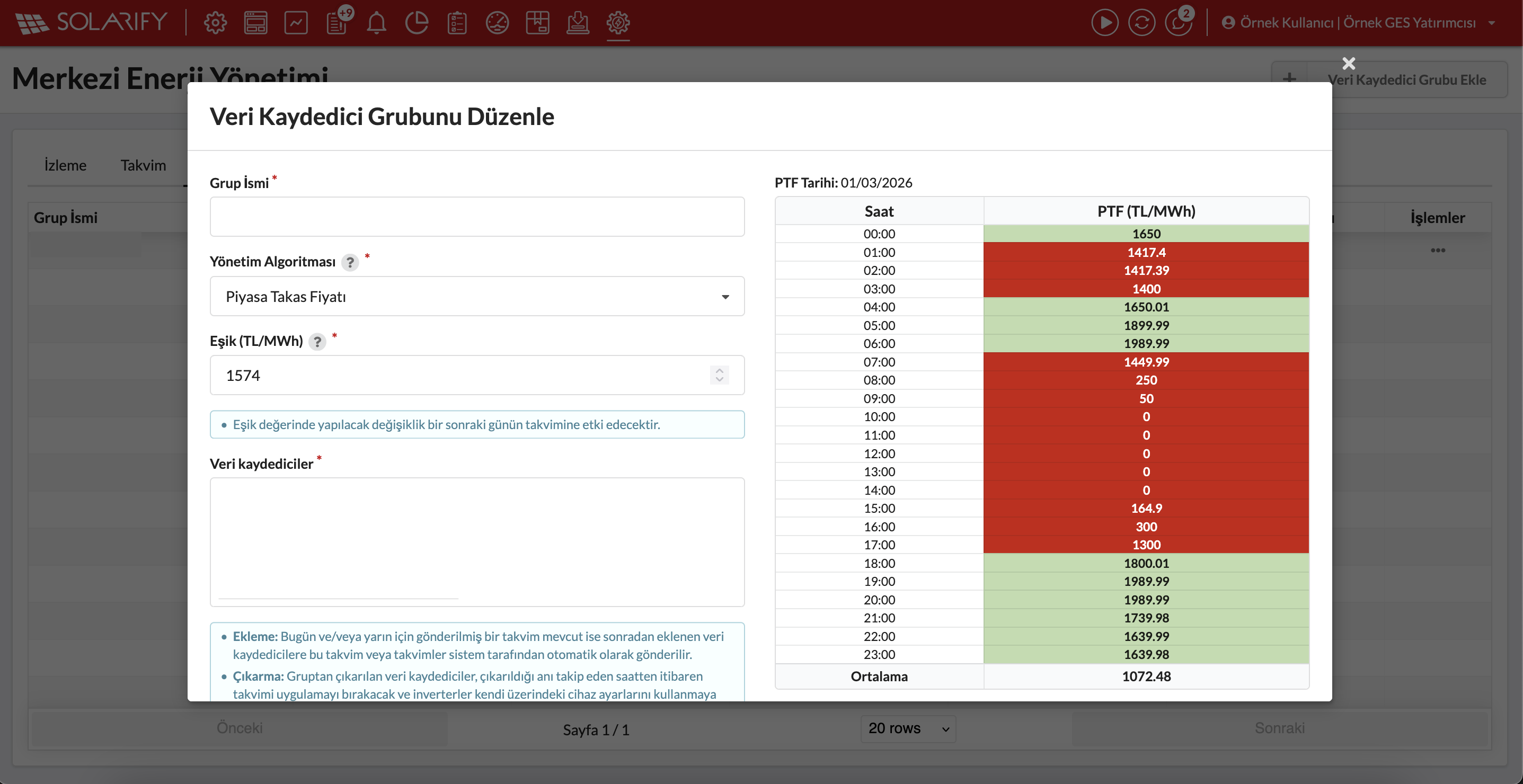 Solarify Merkezi Enerji Yönetimi ayarlama ekranı – Eşik değeri TL/MWh ve sonraki günün saatlik PTF planlaması